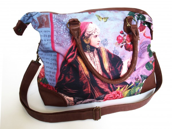 Polyester canvas ladies handbag with sublimation print and leatherette handles